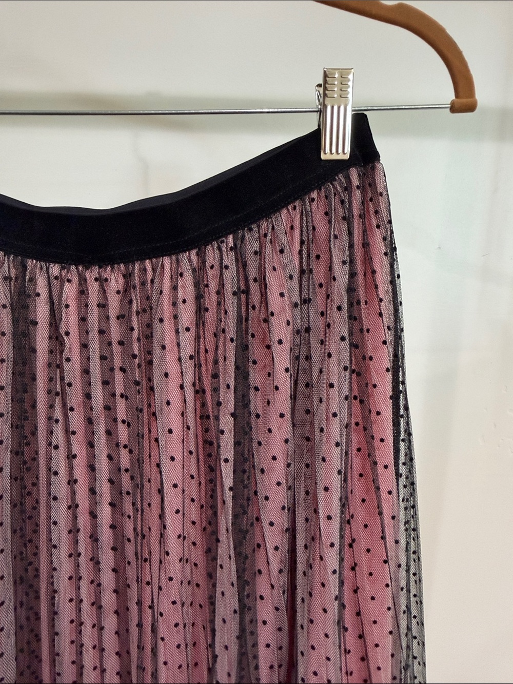 Zara Pink Lined Midi Skirt with Black Polka Dot Overlay - Picture 4 of 7
